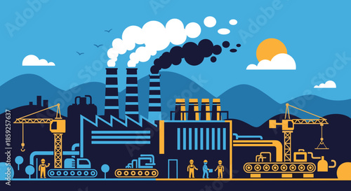 Industrial complex construction site illustration with smokestacks cranes workers and heavy machinery