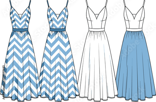 Technical fashion sketch of a women's spaghetti strap V-neck midi dress featuring a blue and white chevron zig-zag pattern print