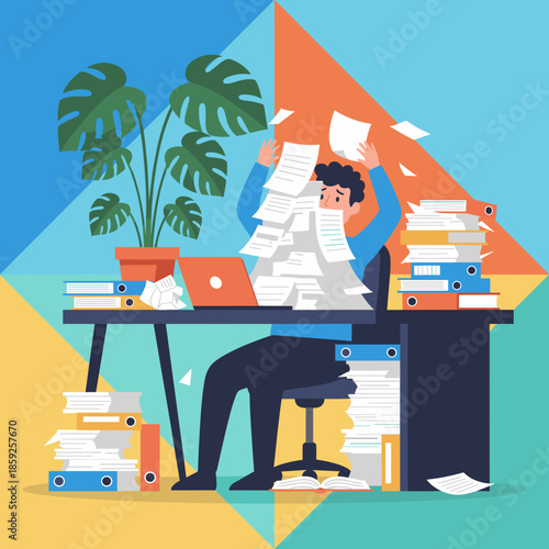 Illustration of a frantic employee overwhelmed by massive paperwork piles representing workplace burnout and high stress