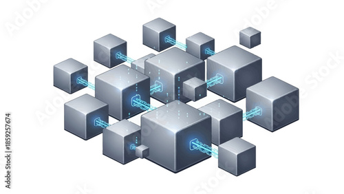 Dynamic network of interconnected cubes with glowing blue connections