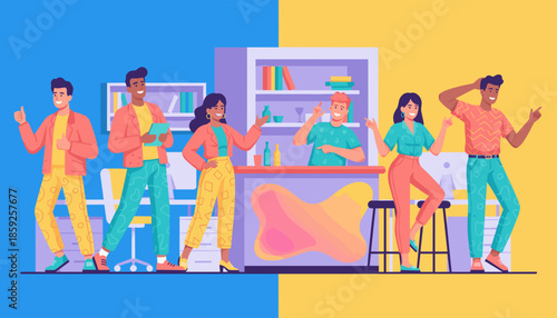 Happy diverse team celebrating success in a vibrant casual office or coworking lounge Collaboration concept