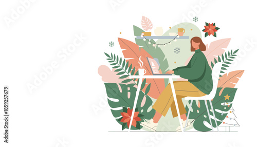 Cozy holiday home office with woman working on laptop amid plants and festive decorations