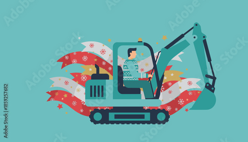 Man in Christmas sweater drives excavator surrounded by festive holiday ribbons and snowflakes