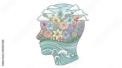 Vibrant floral head with ocean waves and sky in profile view