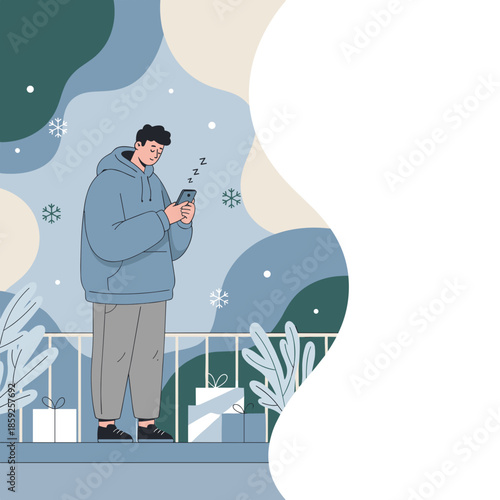 Tired young man on a balcony scrolls a smartphone during a snowy winter day Zzz