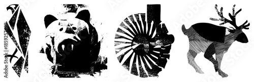 Four stylized animal in black and white vector art