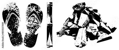 flip flops bamboo logs charcoal pile