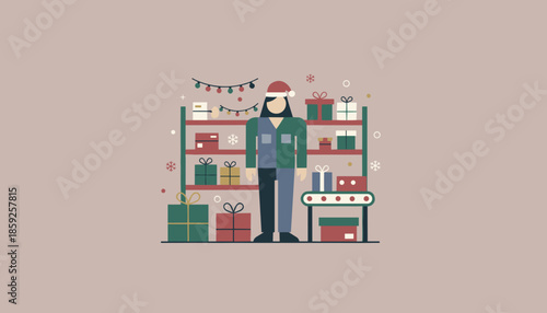 Holiday fulfillment staff member working in a warehouse stocked with Christmas gifts and lights