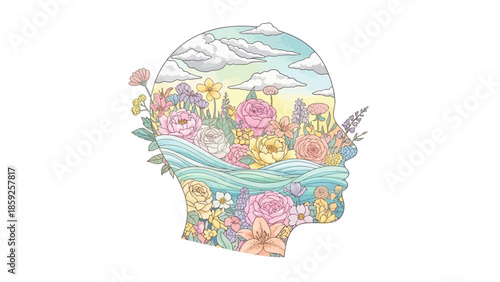 Vibrant floral human head with colorful flowers and sky