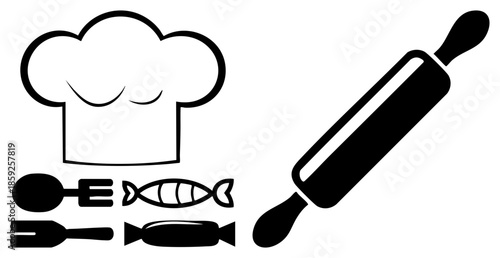chef hat rolling pin utensils candies isolated
