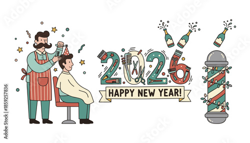 New Year 2026 greeting illustration for a barbershop Stylist gives a celebratory haircut with tools and confetti