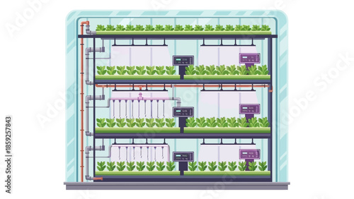 Modern hydroponic farm with lush green plants growing vertically indoors