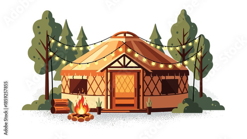 Cozy yurt with warm lighting in serene forest setting
