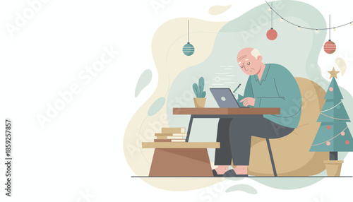 Senior man working on a digital tablet near a cozy Christmas tree Remote work and holiday lifestyle