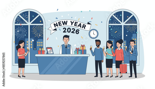 Diverse guests and staff toast New Year 2026 at a reception desk while watching celebratory city fireworks