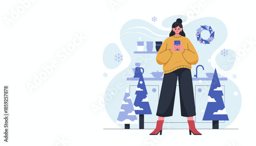 Angry woman checks smartphone stressed during holidays in a modern kitchen with winter decorations