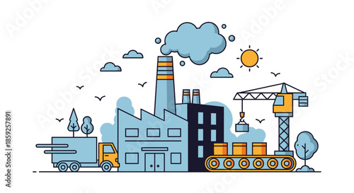 Industrial factory illustration with production line crane truck and smokestack Manufacturing and logistics concept