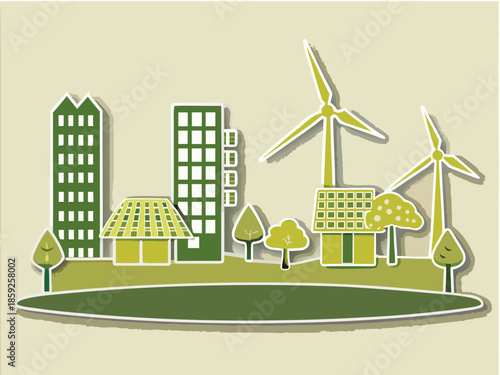 Green city landscape with wind turbines and buildings representing sustainable energy