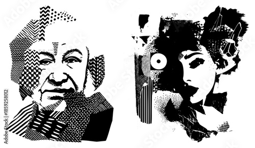 two stylized portraits with geometric