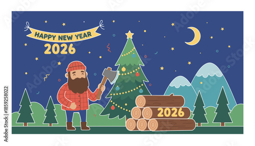 Happy New Year 2026 illustration Lumberjack axe Christmas tree and logs in a festive winter forest scene