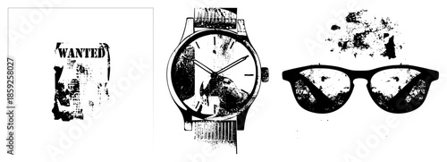 wanted poster watch sunglasses distressed vector set