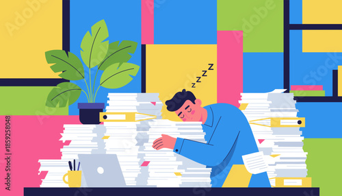 Exhausted office worker sleeps on a massive pile of paperwork illustrating job burnout stress and heavy workload