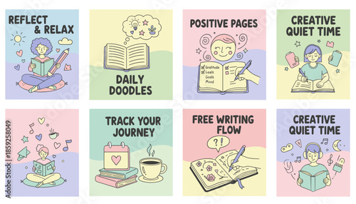 Reflect relax and track your goals with 8 illustrations for creative journaling selfcare and wellness