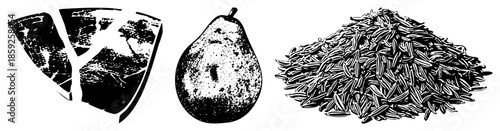 Three food items in black and white vector style