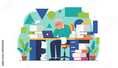 Stressed senior man overwhelmed by paperwork and heavy workload at the office desk Business burnout concept