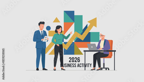 Diverse business team plans 2026 growth strategy with charts and upward trend arrow Financial success concept