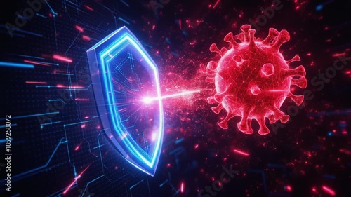 Digital glowing shield successfully blocks aggressive red coronavirus particle concept in dark cyberspace