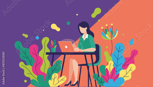 Remote working woman uses laptop amidst vibrant colorful foliage Digital business concept