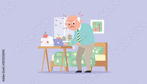 Angry senior man overworked at his home office desk during the stressful Christmas and holiday season