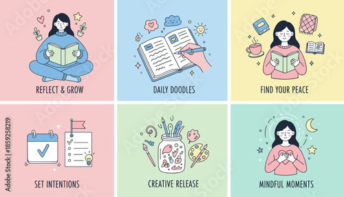 Cute vector illustrations of selfcare routines mindfulness journaling reading setting intentions and creative growth