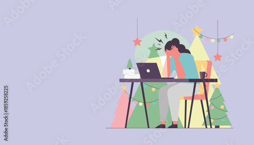 Stressed woman experiencing Christmas burnout working remotely with a headache during the festive season