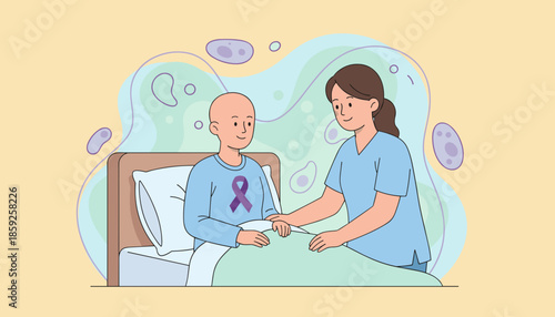 Nurse comforts patient with cancer awareness ribbon in hospital bed depicting support and medical care