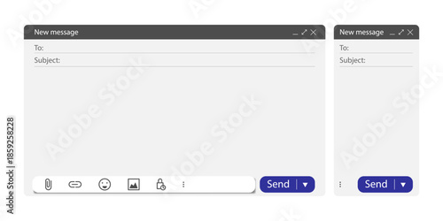 Email mockup interface layout. Blank mail window on computer and mobile phone screen. Web message frame template with send button and subject field. Simple flat vector design isolated