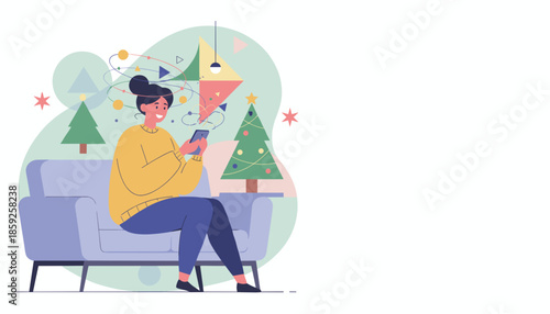 Happy woman uses her phone on a couch surrounded by festive Christmas dcor and abstract information overload