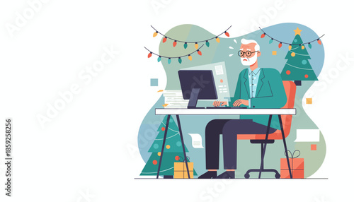 Stressed senior businessman working intensely during the holiday rush surrounded by Christmas decorations