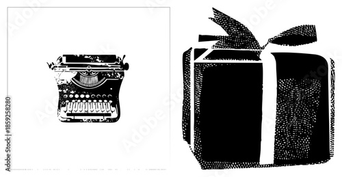 typewriter and gift box vector illustration
