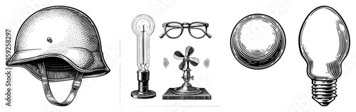 military helmet lightbulb glasses fan lens bulb vector illustration