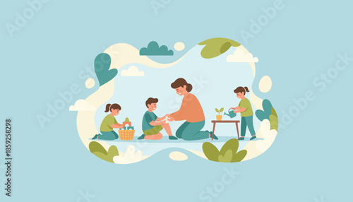 Mother and children playing outdoors caring for injuries building blocks and learning about nature