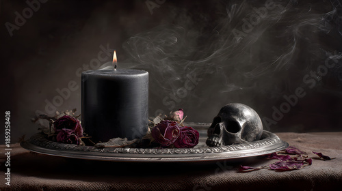 Candle Skull and Roses Memento Mori Still Life