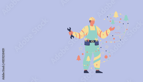 Festive handyman holding wrench surrounded by swirling colorful Christmas trees and lights