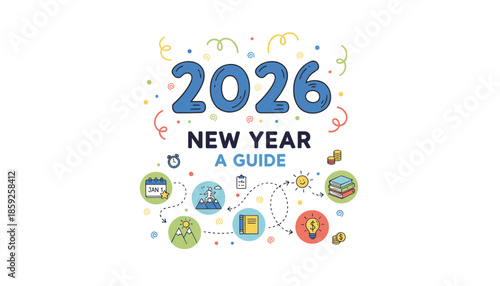 2026 New Year Guide illustration with goal setting icons for travel business education and finance resolutions