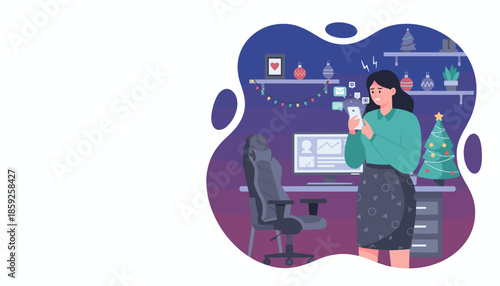 Holiday work burnout Stressed woman checks overwhelming notifications in her decorated home office workspace