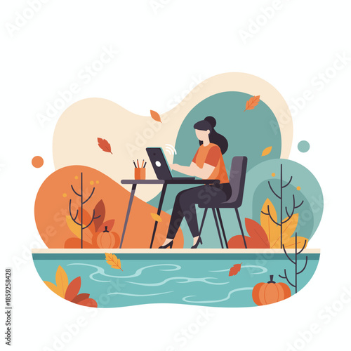 Woman works remotely on a laptop in a peaceful autumn park setting Fall season freelance digital nomad concept