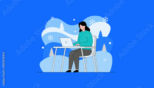 A woman works remotely on her laptop in a stylized snowy winter landscape Seasonal technology concept