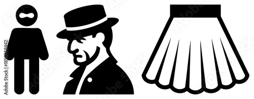 three black silhouette of masked person detective and pleated skirt