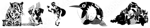 five stylized animal portraits in black and white vector art